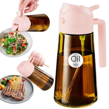 Imagem de YARRAMATE Pulverizador de óleo com bloqueio de luz de 470 ml para cozinhar com adesivos, frasco dispensador de azeite de oliva 2 em 1 de grau alimentício para cozinha, garrafa de óleo de vidro âmbar