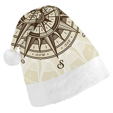 Imagem de Bússola náutica vintage rosa em marrom chapéu de Natal estilo retrô, chapéu de Papai Noel, chapéu de Natal confortável para adultos, para festa de Natal, Ano Novo, decorações festivas de casa