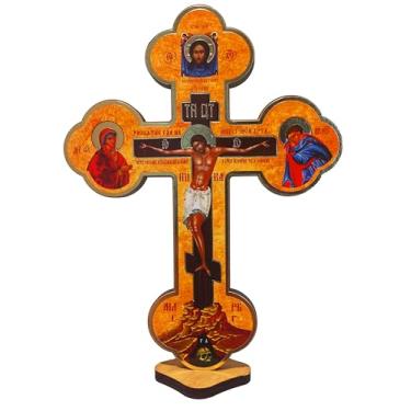 Imagem de Cruz de três barras ortodoxa russa Woden mesa crucifixo cristão bizantino 20.3 cm