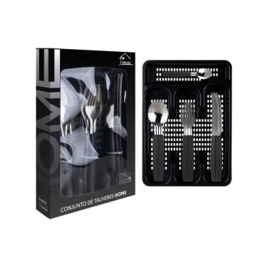 Imagem de Faqueiro 17 Peças Com Porta Talher Preto Aço Inox Cabos Ergonômicos Or