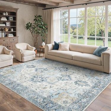 Imagem de BESBLEE Tapetes de área de 20 x 25 cm para sala de estar, laváveis à máquina, tapetes vintage antiderrapantes, com estampa de chenille leve para quarto, sala de jantar, escritório em casa, azul