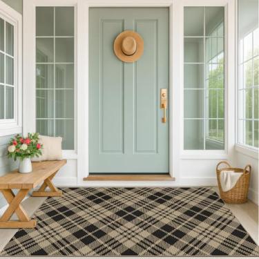 Imagem de JTJ Tapetes vintage para entrada ao ar livre 7,5 x 12,5 cm – Tapete de tecido de juta fácil para área interna, cozinha, quarto, lavável, pilha, baixa, preto e branco, decoração clássica