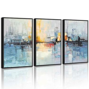 Imagem de KUVIOKE Tela emoldurada azul marinho abstrata arte de parede em forma de grafite pastel decoração de parede pintura moderna minimalista para quarto sala de jantar 40,6 x 61 cm (moldura preta)