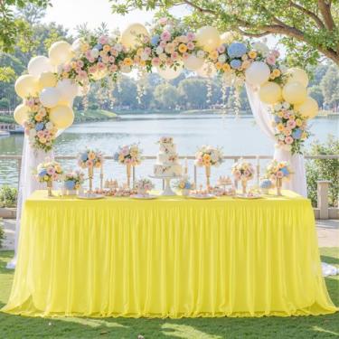 Imagem de Toalha de mesa de tule amarela para mesas retangulares de 2,4 m, toalha de mesa retangular amarela de 2,4 m, capa de mesa sem rugas, com saia tutu para aniversário, coquetel, banquete, buffet, limão