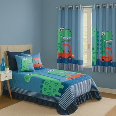 Imagem de Kit Cortina 2 Metros + Colcha Cobre Leite Infantil 07 Peças Para Quarto (DINO CARRO)