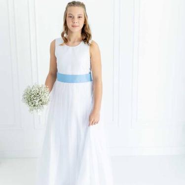 Imagem de Vestido Longo Juvenil branco Faixa Azul com Saia Tule Branco Adulto RE