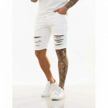 Imagem de Bermuda Jeans Masculina Rasgada Sarja Destroyed - Mitchelgutto, Branco