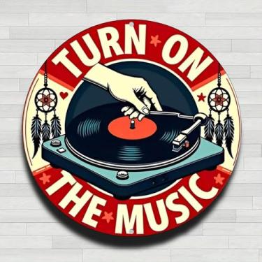 Imagem de Toca-discos vintage design de música retrô toca-discos vintage rústico metal placa de parede redonda - 20 cm presentes e decoração para ambientes internos e externos para casa, escritório, café e