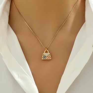 Imagem de Colar de luxo com pingente de bolsa de mão de cobre com strass de cristal de zircônia sintética, berloque, moderno, correntes de elos banhados a ouro, uso diário, joias, presente de festa para