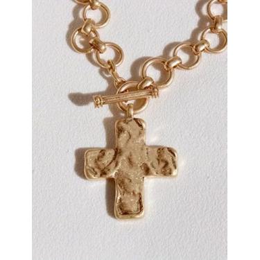 Imagem de Colar com pingente de cruz grande martelada, hip hop, banhado a ouro, punk, gargantilha grossa, colar com corrente de clavícula, vintage, chique, moda feminina, joia feminina, presente de aniversário