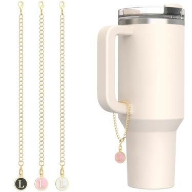 Imagem de Pacote com 3 acessórios para copo Stanley Tumbler, pingente de alça personalizada com nome inicial para copo moderno, branco, preto, rosa, letra L