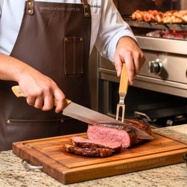 Imagem de Kit Churrasco Garfo e Faca Cabo De Madeira para Corte Carne Churras - 2 Peças com Estojo de Nylon - PANAMI