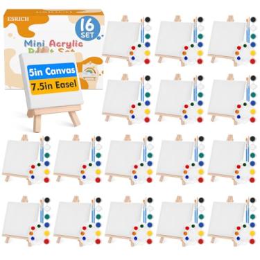 Imagem de ESRICH Conjunto de 16 mini kit de tinta acrílica, mini tela esticada de 12,7 cm com cavalete de 19 cm, tiras de tinta acrílica, paletas de tinta, pincéis de pintura, conjunto de tela pequena e
