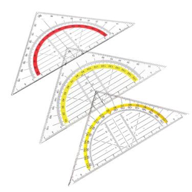 Imagem de Pacote com 3 réguas triangulares de plástico, conjunto geométrico transparente com transferidor