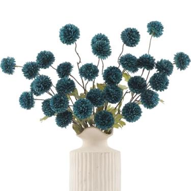 Imagem de DuHouse 6 peças de flores artificiais de seda sintética, mini bola de crisântemo de seda pequena com hastes para buquês faça-você-mesmo, vaso de mesa, decoração de cozinha (azul pavão)