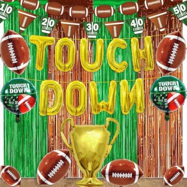 Imagem de Decorações de festa de futebol - Bandeira de balões com letras douradas, serpentina de fundo verde com balão de folha de troféu, suprimentos de festa de jogo de aniversário de futebol (verde marrom)