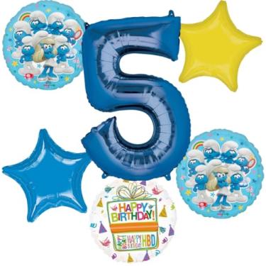 Imagem de Anagram 5th Birthday Party Supplies Boy Smurf's Theme Balloon Bouquet Decorations