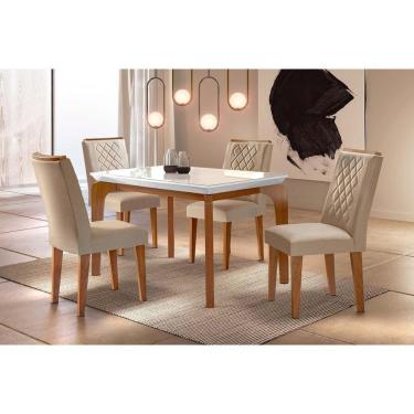 Imagem de Sala de Jantar Completa Londrina Vidro 120Cm + 4 Cadeiras Imbuia Veludo Creme
