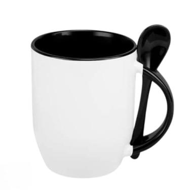 Imagem de XíCara de Café, Caneca para Bebidas Quentes com Colher (Base Curva) 325 ml a Colher Não Cai Da Caneca. (Preta)