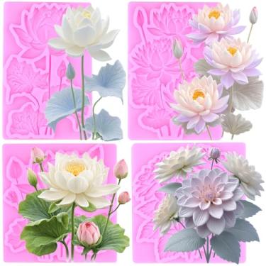 Imagem de MIYAHOUSE Lotus Fondant Moldes de silicone para decoração de bolos, topo de cupcake, pasta de goma de chocolate, argila de polímero, conjunto de 4