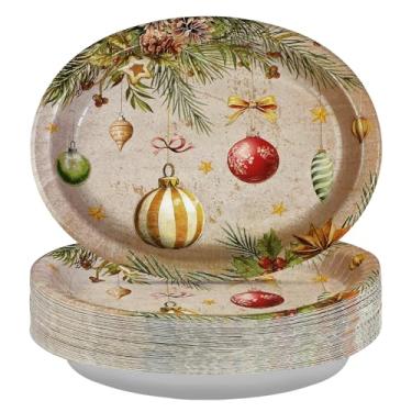 Imagem de 50 peças de pratos ovais de Natal 25,4 cm x 30,5 cm grandes bolas coloridas resistentes descartáveis ​​bandejas de pinho bolas de natal vintage pratos de sobremesa para decorações de festa de inverno