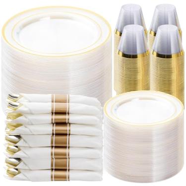 Imagem de BESTVIP Conjunto de louça de plástico dourado transparente 700 peças para 100 convidados, prato de festa descartável para Natal e Ano Novo, inclui: 200 pratos de plástico, 100 guardanapos