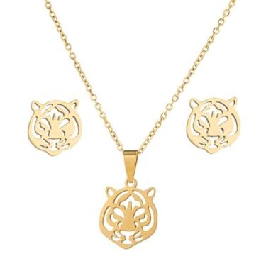Imagem de QLYOVWE Conjunto de colar de brincos de cabeça de tigre dourado para mulheres e homens, punk, rei da floresta, animal, mascote, time de futebol, espírito, pingente, colar, joia da sorte, presente