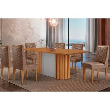 Imagem de Conjunto Sala de Jantar Pilar c/ Tampo Madeirado Canto Curvo 180x90cm e 6 Cadeiras Dafne Madeira Maciça Naturale/Off White - Capuccino/Corano Capuccin