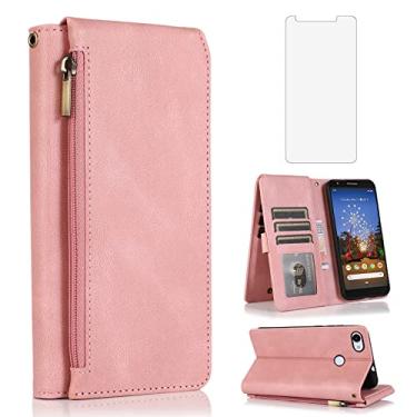 Imagem de Compatível com carteira Google Pixel 3a XL, protetor de tela de vidro temperado e zíper de couro, suporte de cartão, acessórios para celular Pixel3aXL Pixle 3aXL A3 Pixel3a LX feminino ouro rosa
