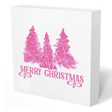 Imagem de UNCDLV Placa de decoração de árvore de Natal rosa para casa, decoração de árvore de Natal rosa e branca para decoração de mesa de casa, prateleira de mesa de escritório, placas de madeira para