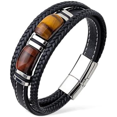 Imagem de VANFORWYN Pulseira masculina olho de tigre de couro trançado preto com proteção de pedra natural pulseira de aço inoxidável presente para ele, Large, Couro, Sem Pedra Preciosa