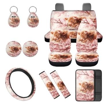 Imagem de gearider Conjunto completo de capas de assento de carro de vaca Highland com capa de volante + capa de cinto de segurança + almofada de apoio de braço + chaveiros automotivos + porta-copos flor rosa