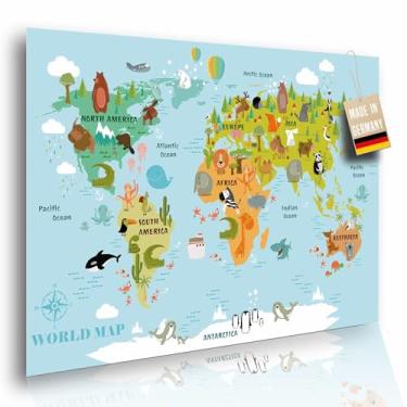 Imagem de Lineo Mapa-múndi infantil para crianças - Pôster grande de mapa-múndi educacional para jovens exploradores com animais, continentes e pontos de referência - Impressão de arte de parede 61 x 42 cm