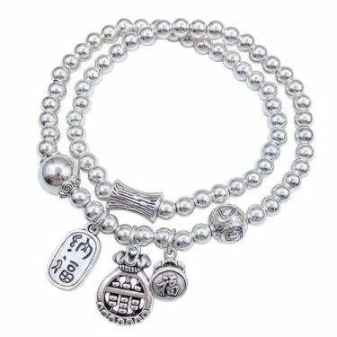 Imagem de Chiorgone Pulseira FengShui Good Luck Ábaco para Dinheiro - Joia elástica com contas prateadas com etiquetas chinesas de boa sorte (Fu e Zhao Cai) - Presente de riqueza e prosperidade