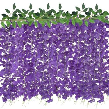 Imagem de ZINHO 60 ramos de flores para pendurar glicínias, guirlanda artificial de flores de glicínia para casamento, cerimônia, arco, festa, jardim, decoração de pano de fundo (roxo)
