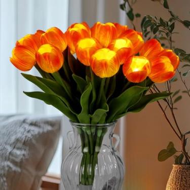 Imagem de Lâmpada de tulipa artificial iluminada por LED, flores de tulipa de toque real, buquê de tulipas falsas de 38 cm com luzes operadas por bateria para presentes, decoração de casamento para casa