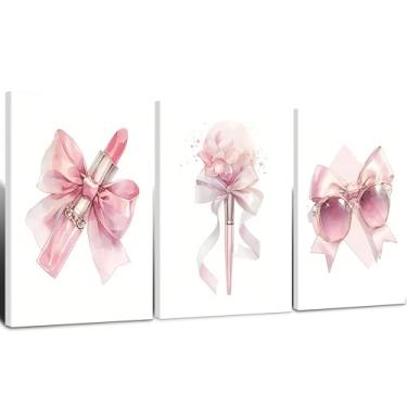 Imagem de 3 peças com laço rosa emoldurado feminino batom óculos de sol flores arte de parede impressão em tela moda arte mural imagem pôster quarto penteadeira decoração salão 16x24 polegadas pronto para