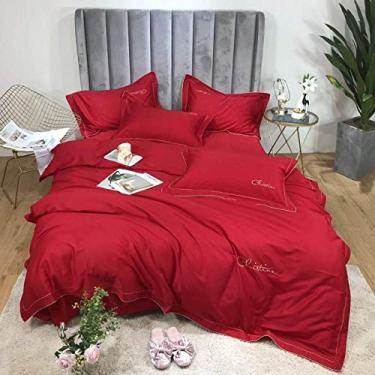 Imagem de Jogo de cama amarelo de algodão de fibra longa cor sólida conjunto de lençóis de cama fronhas cor 3 4 peças (cor 2 tamanho queen 4 peças)