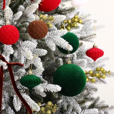 Imagem de Hollowfly Conjunto de decoração de árvore de Natal de veludo com 95 peças – 70 enfeites sortidos de bolas flocadas, 12 laços de veludo, 1 estrela superior, 12 hastes de baga com glitter para guirlanda