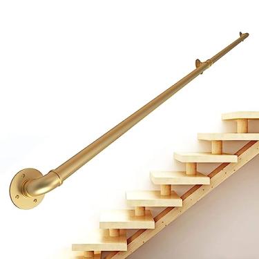 Imagem de Corrimão de escada - kit completo, corrimão de tubo dourado industrial de escada com suporte de montagem na parede, casa contra a parede, grades internas e externas para idosos (tamanho: 2,4 m)
