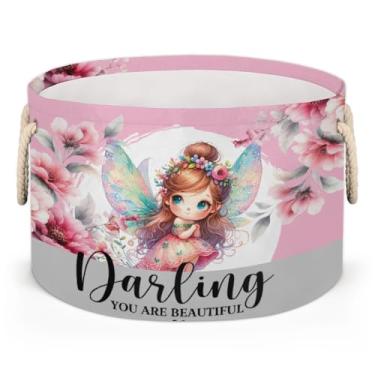 Imagem de Cesta grande redonda de armazenamento de flores com círculo de fadas, organizador de brinquedos para crianças, dobrável, com alça, cesto de roupa suja para sala de estar, lavanderia, berçário, quarto