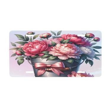 Imagem de Placa de licença de balde de flores rosa para placas dianteiras de carro alumínio metal adequado para caminhão, placa de porta de carro, bar, café, acessórios automotivos para homens e mulheres 15 x