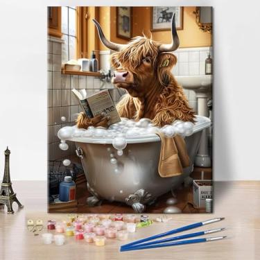 Imagem de TUMOVO Pintura por números para adultos, vaca das terras altas para adultos, kits de pintura faça você mesmo, pintura de vaca Highland em banheira por números, artesanato de gado das terras altas para