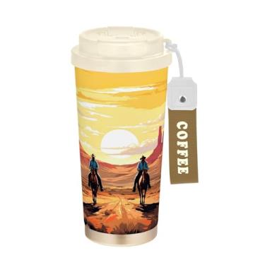 Imagem de SEHANY Caneca de viagem vintage caubói ocidental 482 g xícaras de café reutilizáveis revestidas de cerâmica com tampa à prova de vazamento, parede dupla, isolamento a vácuo, copo de café de aço
