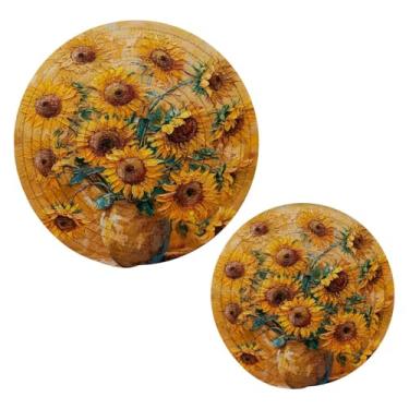 Imagem de Blueangle 2 peças de suporte de panela para pintura de girassóis - conjunto de pegadores de panela de tecido redondo - almofadas quentes trançadas de algodão - porta-copos - tapetes de mesa para