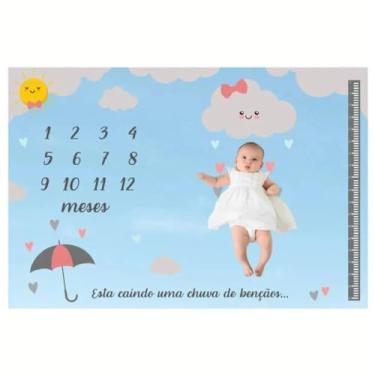 Imagem de Lençol Cenário Painel Fotos Mêsversário Chuva Benção Menina MDF Registro Mensal Fundo Fotográfico Painel Decorativo para Bebê Estampa Delicada Acompanha Marcador