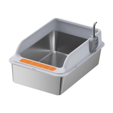 Imagem de IEUDNS Caixa de areia para gatos, caixa de areia para gatos, semi-fechada, fácil de limpar com colher, bandeja de areia para gatos, entrada baixa para gatos, Cinza Claro