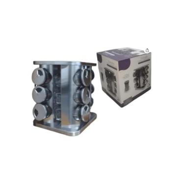 Imagem de Porta Condimentos Giratório 360°, Inox com Base de Bambu, 12 Potes de Vidro 90ml, 21,5x19,5cm