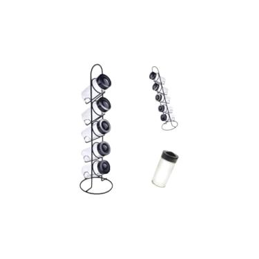 Imagem de Conjunto 5 Porta Condimentos com Suporte Vertical, Vidro e Ferro, Preto, Tampa Giratória, 40cm Altura, Organizador de Temperos
