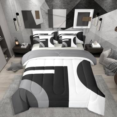 Imagem de Jogo de cama Queen tamanho Queen, preto, branco, cinza, 7 peças, listrado, simples, arte abstrata, para jovens e adultos, lençol com elástico e lençol de cima